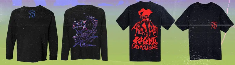 Black After Hours long sleeves and tees with red and purple one-color graphics