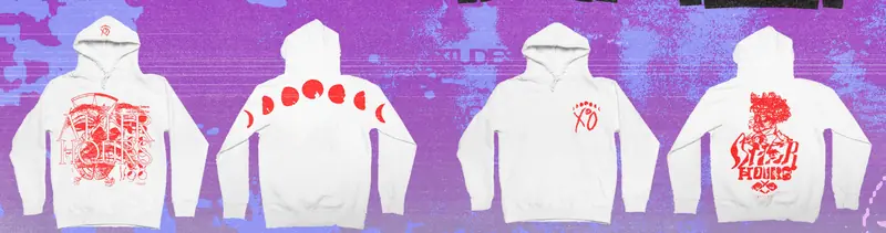 Four white After Hours hoodies with red one-color graphics