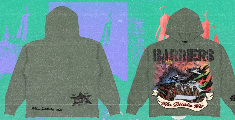 Barriers series: two Who Decides War hoodies, one with a fighter plane graphic