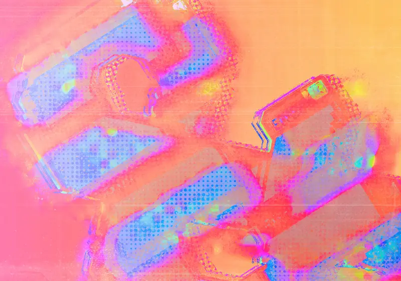 Grant’s portfolio cover art: chrome, halftone letterforms in pink, orange and blue