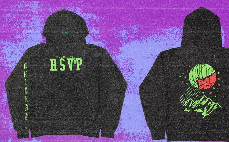 Two black RSVP hoodies from the DEW × RSVP Gallery capsule, one with a green basketball graphic