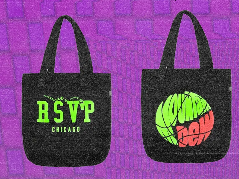 Two black totes: an RSVP Chicago tote and one with a green MTN Dew basketball graphic