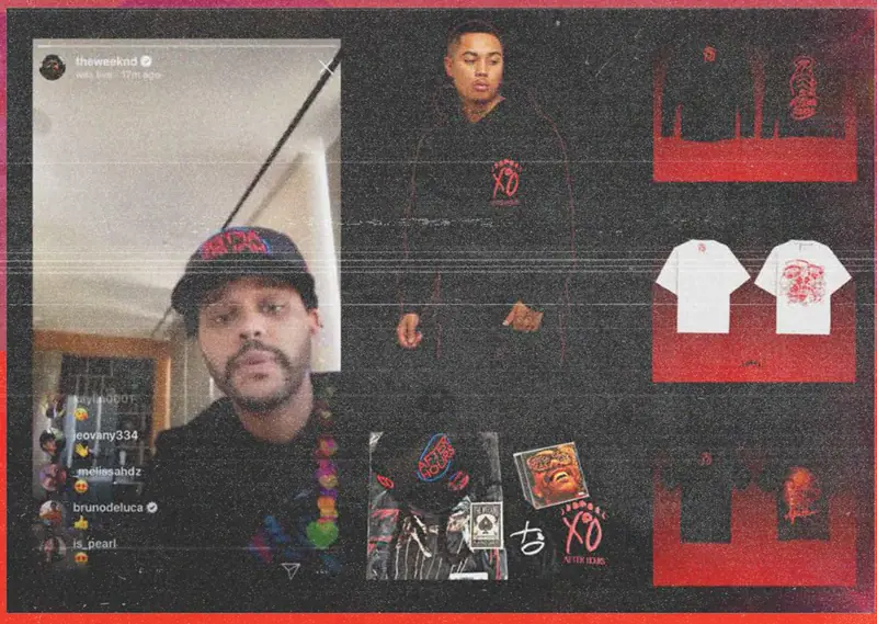 The Weeknd on Instagram Live in an After Hours cap, beside merch photos and red XO tees